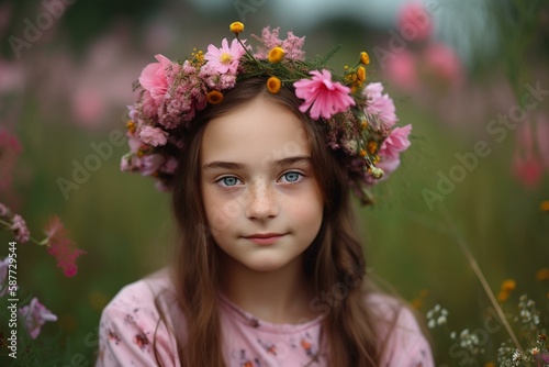 A portrait of a young girl with a pink and helical flower crown, sitting in a pink field of wildflowers in the summertime, Non-existent person in generative AI digital illustration, Generative AI