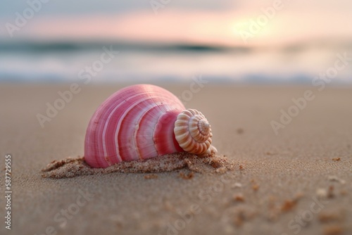 A close-up shot of a pink and helical seashell lying on the sandy beach with the blue sea in the background Generative AI