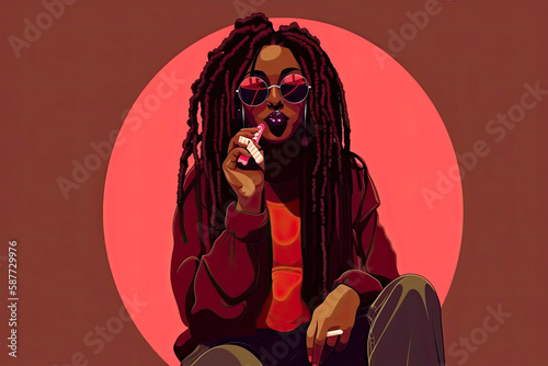 A dark-skinned girl with dreadlocks and trousers in the 90s or 2000s sat down. Young stylish woman holding a lollipop