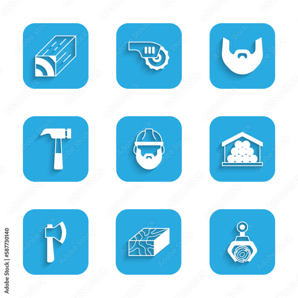 Set Lumberjack, Wooden beam, Grapple crane grabbed log, logs, axe, Hammer, Mustache and beard and icon. Vector Set Lumberjack, Wooden beam, Grapple crane grabbed log, logs, axe, Hammer, Mustache and beard and icon. Vector