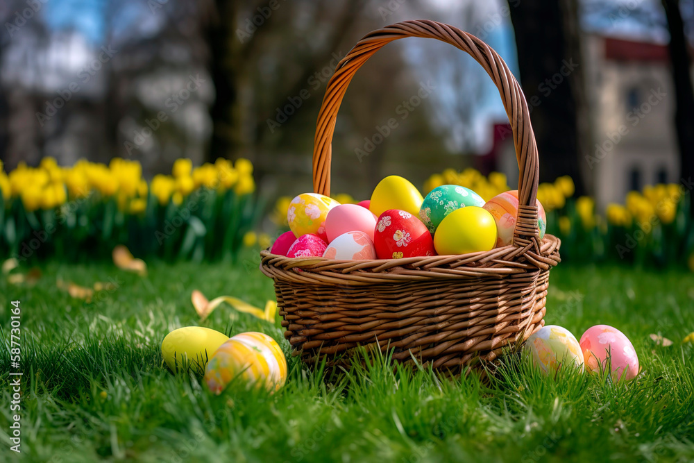 Wicker basket filled with colorful Easter eggs placed on a green grassy lawn. Easter Treasures Colorful Eggs and Blooming Daffodils
