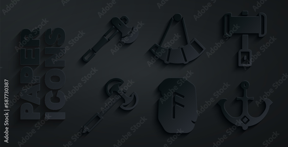 Set Magic rune, Battle hammer, Medieval poleaxe, Anchor, Hunting horn and Wooden icon. Vector