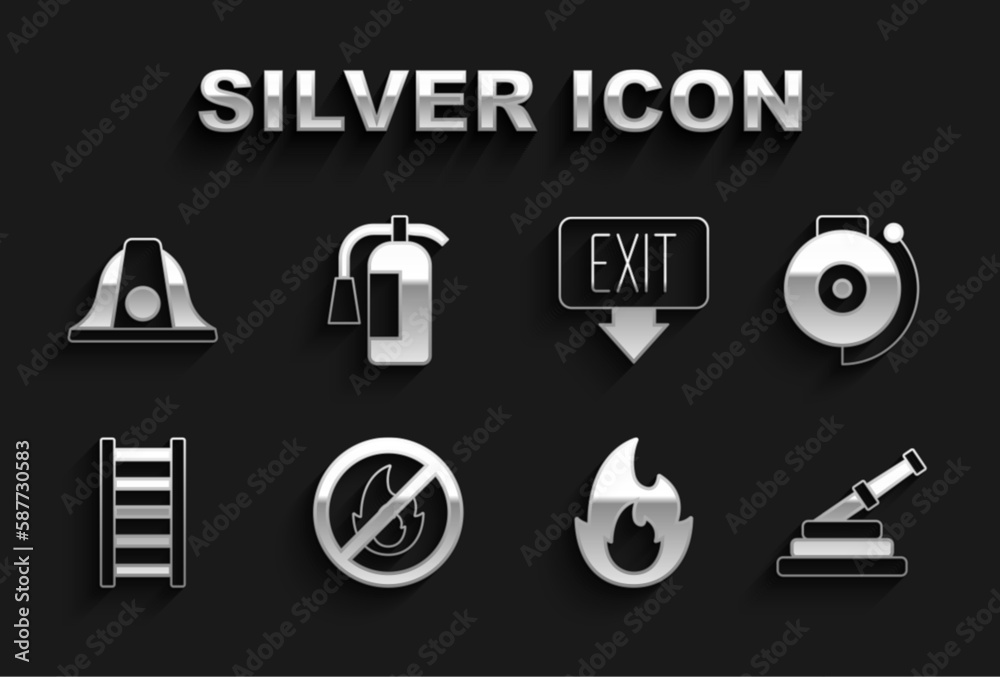 Set No fire, Ringing alarm bell, Fire hose reel, flame, escape, exit, Firefighter helmet and extinguisher icon. Vector Set No fire, Ringing alarm bell, Fire hose reel, flame, escape, exit, Firefighter helmet and extinguisher icon. Vector