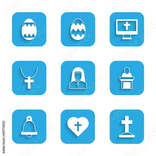 Set Nun, Christian cross in heart, Grave with, Church pastor preaching, bell, on chain, monitor and Easter egg icon. Vector