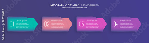 Timeline chart infographic for 4 steps. Glassmorphism effect. 