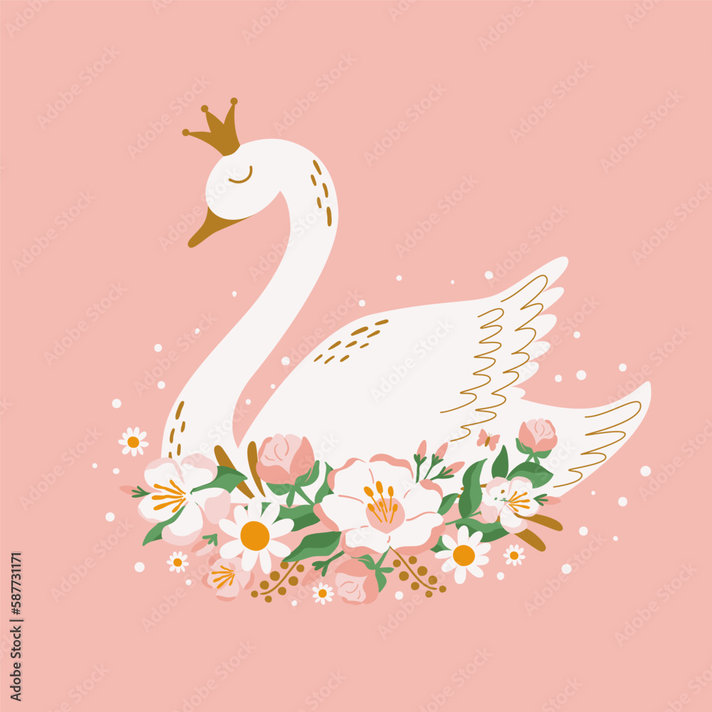 Swan princess bird with flowers on pink background. Cute cartoon hand ...