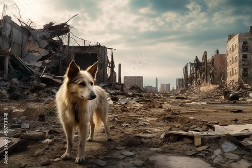 Dog alone in a destroyed City, Polluted City