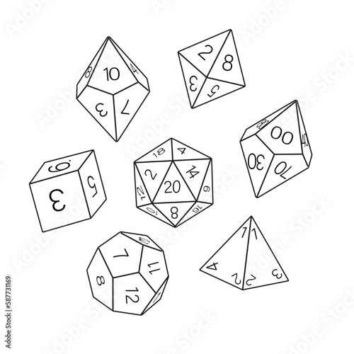 Black and white dice collection, hand drawn. D8 D10 D12 D20 Board game dice, RPG dice set for board games vector