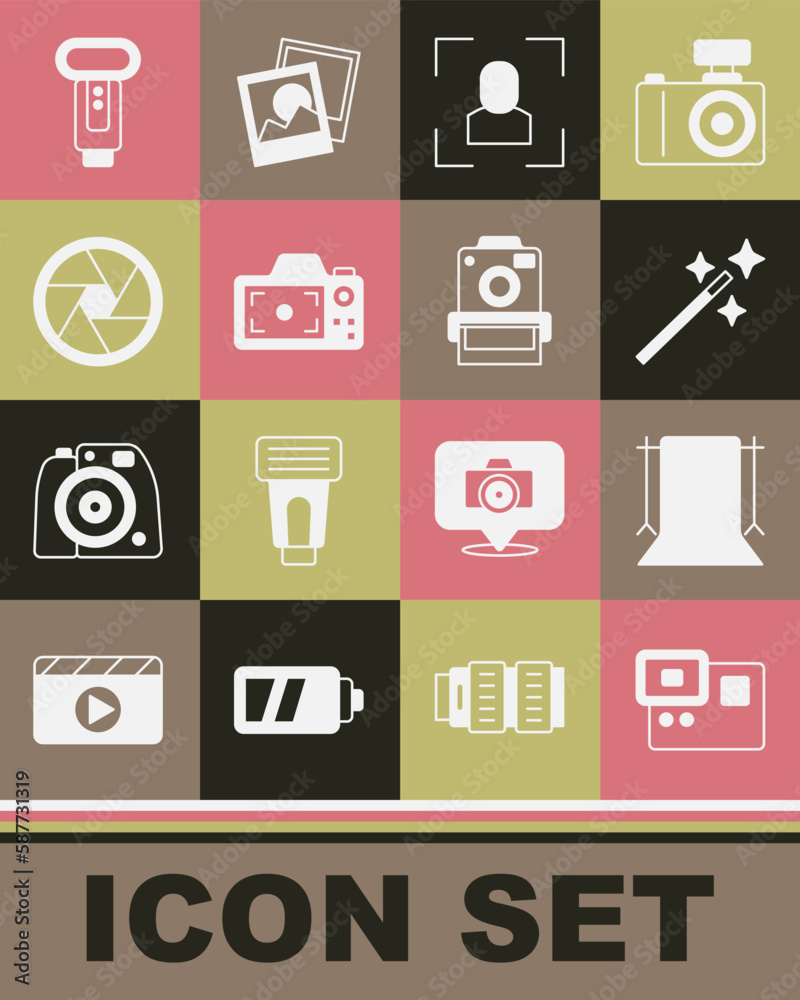Set Action extreme camera, Empty photo studio, Photo retouching, Camera focus frame line, shutter, flash and icon. Vector