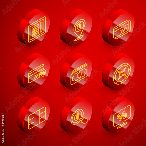 Set line Safe, Cash location, Credit card, Discount with percent, Stacks paper money cash, chip and Magnifying glass and euro icon. Vector