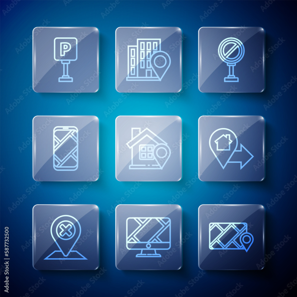 Set line Location, Monitor with location marker, City map navigation, Stop sign, house, Parking and icon. Vector Set line Location, Monitor with location marker, City map navigation, Stop sign, house, Parking and icon. Vector