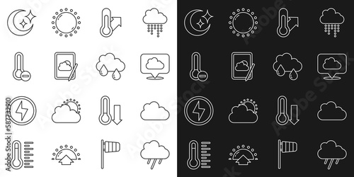 Set line Cloud with rain, Location cloud, Meteorology thermometer, Weather forecast, Moon and stars and icon. Vector