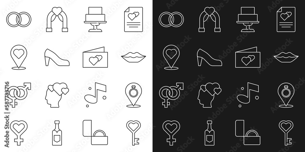 Set line Key in heart shape, Wedding rings, Smiling lips, cake, Woman shoe, Location with, and Greeting card icon. Vector Set line Key in heart shape, Wedding rings, Smiling lips, cake, Woman shoe, Location with, and Greeting card icon. Vector