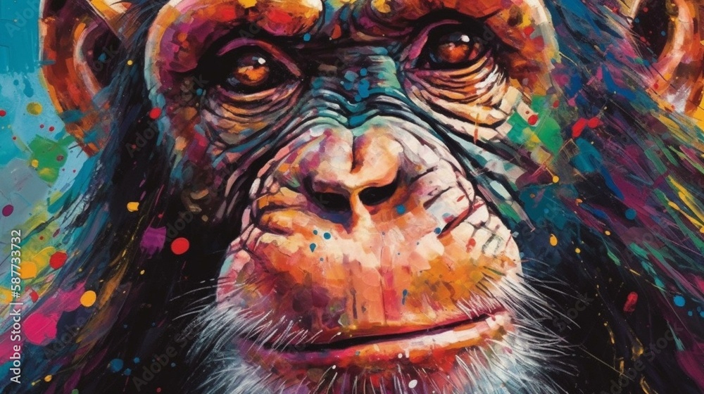 Create a playful portrait of a mischievous monkey using bright colors and loose brushstrokes to convey its lively personality Generative AI