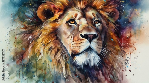 Paint a majestic lion using vibrant watercolors that capture its regal beauty and strength Generative AI