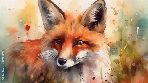 Create a whimsical watercolor painting of a charming red fox, using soft colors and gentle brushstrokes to convey its playful spirit Generative AI