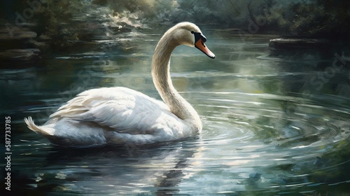 Depict a graceful swan swimming in a serene pond  using soft colors and subtle detailing to convey its beauty and tranquility Generative AI