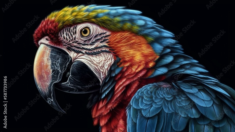 Illustrate a vivid and lifelike portrait of a colorful macaw perched on a branch, using bold colors and intricate detailing to convey its exotic beauty Generative AI