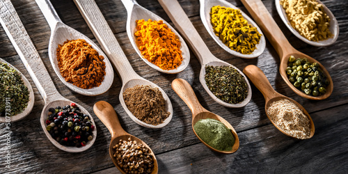 Fototapeta Naklejka Na Ścianę i Meble -  Composition with assortment of spices and herbs