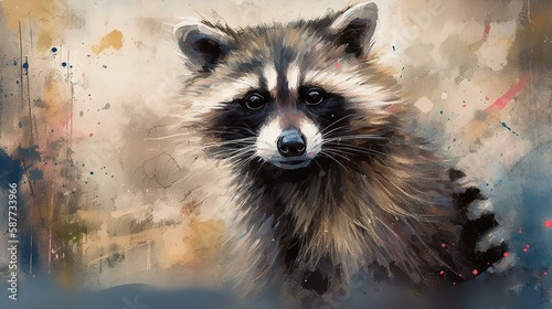 Create a charming and playful painting of a curious raccoon exploring its surroundings, using soft colors and whimsical brushstrokes to convey its lively personality Generative AI