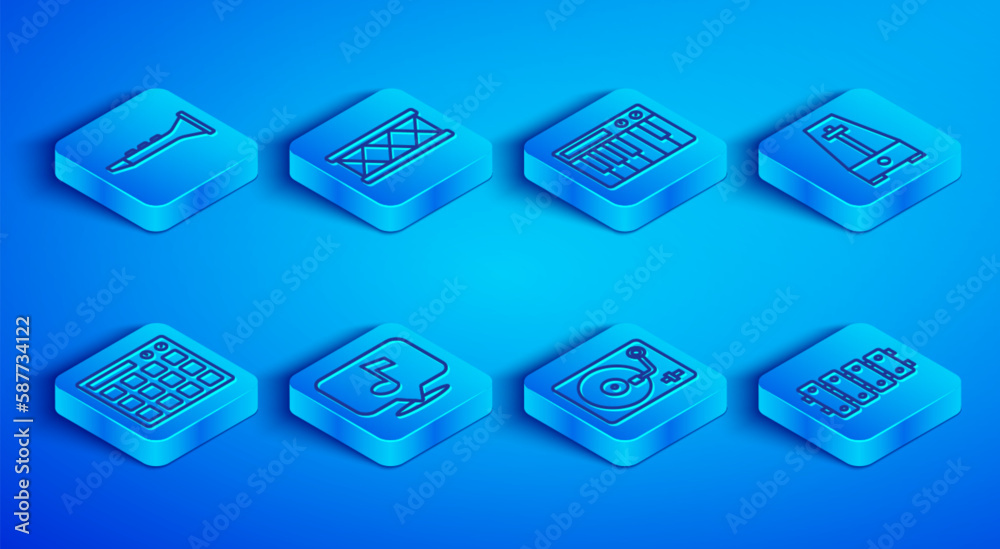 Set line Clarinet, Drum, Music synthesizer, Musical note, Vinyl player with vinyl disk, Metronome pendulum, machine and Xylophone icon. Vector Set line Clarinet, Drum, Music synthesizer, Musical note, Vinyl player with vinyl disk, Metronome pendulum, machine and Xylophone icon. Vector