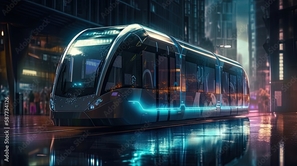 Urban mobility future - tram, metro, subway in futuristic city. Generative AI.