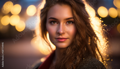 Elegant girl with brown hair and a bokeh effect.