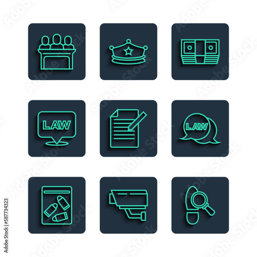 Set line Evidence bag and bullet, Security camera, Footsteps, Bribe money cash, Document pen, Location law, Jurors and Law icon. Vector