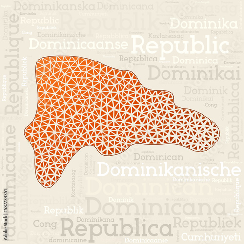 DOMINICANA map design. Country names in different languages and map shape with geometric low poly triangles. Amazing vector illustration of Dominicana.