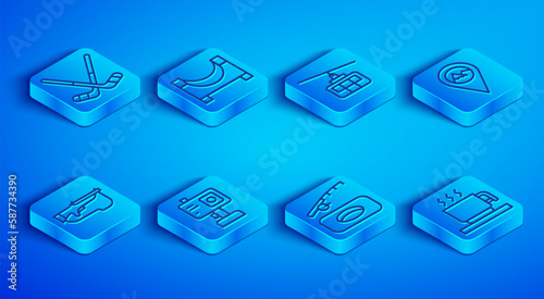 Set line Ice hockey sticks, Skate park, Cable car, Action camera, Winter fishing, Location with mountain, Biathlon rifle and Hot chocolate cup icon. Vector