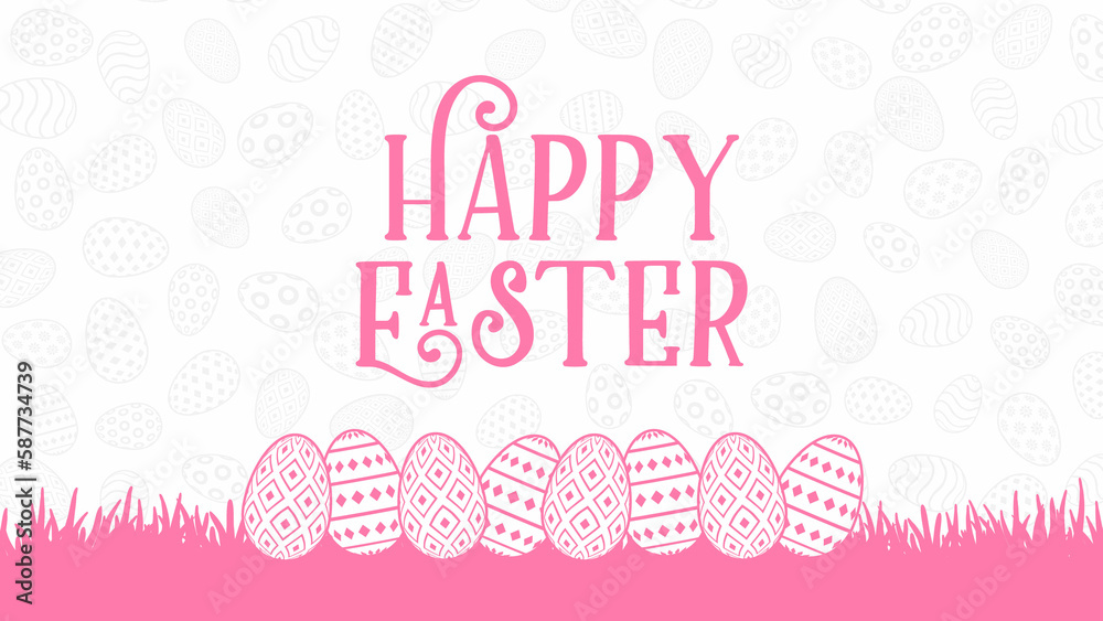 Pink Color Easter web digital banner with cloud background and has space to write. bunny rabbit, eggs flowers, white clouds, spring border frame. Happy Easter card.