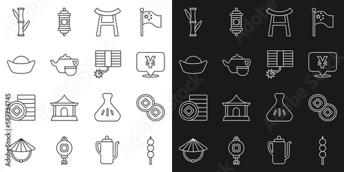 Set line Meatballs on wooden stick  Chinese Yuan currency  Japan Gate  tea ceremony  Sushi  Bamboo and Firework icon. Vector