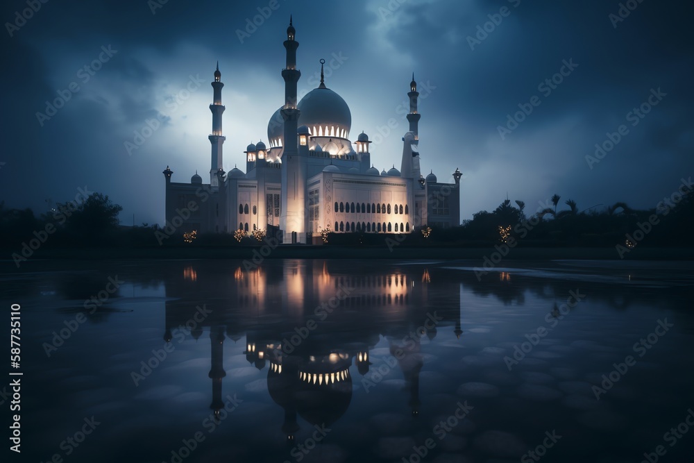 mosque full object perspective photo generate AI, for ramadhan kareem, eid al fitr, eid adha, islamic event