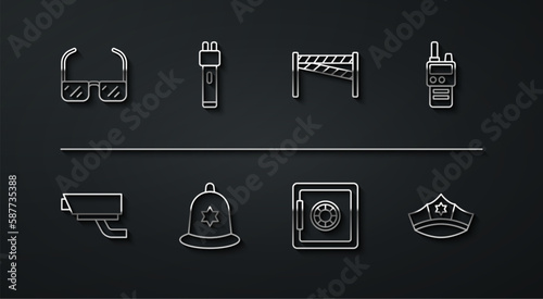 Set line Safety goggle glasses, Security camera, Walkie talkie, British police helmet, Police electric shocker, cap with cockade and Crime scene icon. Vector