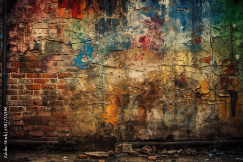 Foto Illustration of an aged brick wall covered in colorful paint splatters and drips
