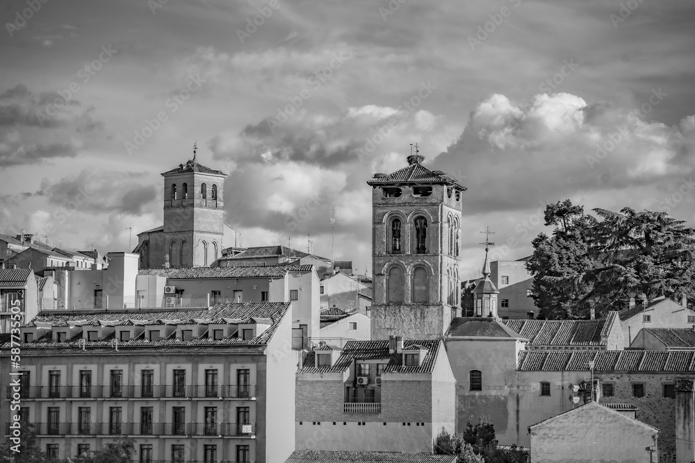 Black and white views of the city of Segovia with the church of Santos justos and pastor in the background. Segovia, Spain 