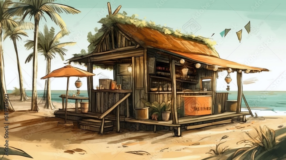Sunny Beach bar illustration, summer vibes. Generative AI Illustration  Stock | Adobe Stock