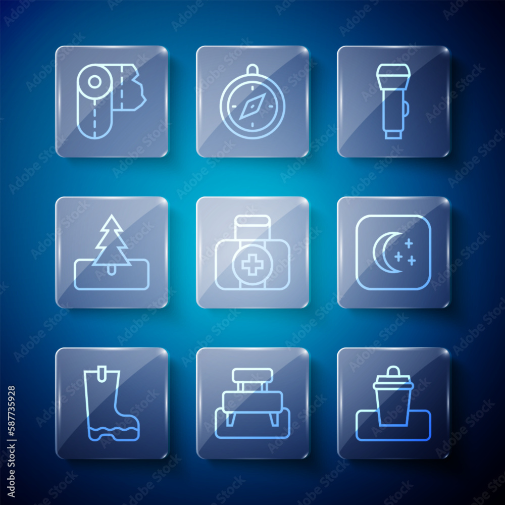 Set line Waterproof rubber boot, Bench, Trash can, Flashlight, First aid kit, Tree, Paper towel roll and Moon and stars icon. Vector Set line Waterproof rubber boot, Bench, Trash can, Flashlight, First aid kit, Tree, Paper towel roll and Moon and stars icon. Vector
