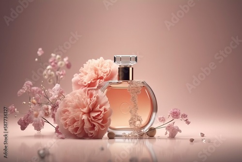 Flowers and perfume bottles.AI technology generated image photo
