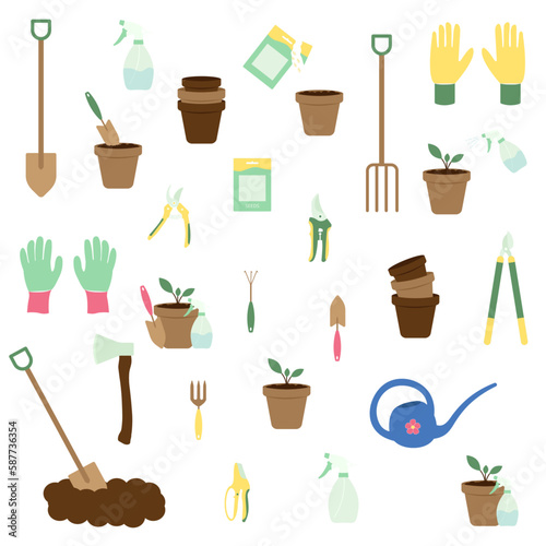 Garden tools set. Collection of objects and elements connected to gardening and farming. Vector illustration