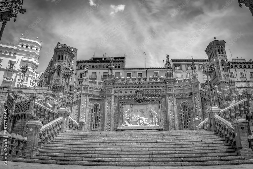 Panoramic view of the beautiful staircase of Teruel in mudéjar style, Gothic, modernism. Spain. 