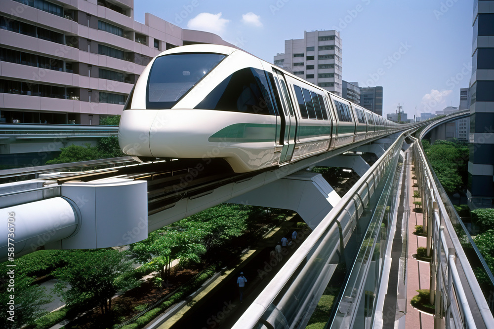 Naklejka premium Light rail shuttles through the city.AI technology generated image