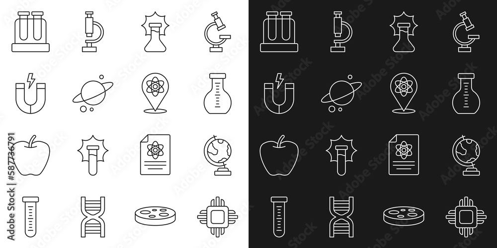 Set line Processor CPU, Earth globe, Test tube, Explosion in the flask, Planet Saturn, Magnet, and Atom icon. Vector