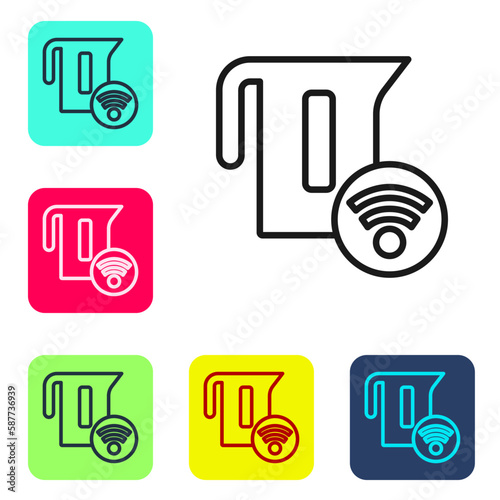 Black line Smart electric kettle system icon isolated on white background. Teapot icon. Internet of things concept with wireless connection. Set icons in color square buttons. Vector