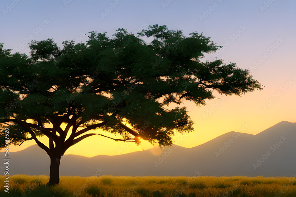 Silhouette of Acacia Trees at a dramatic sunset in Africa. generative AI