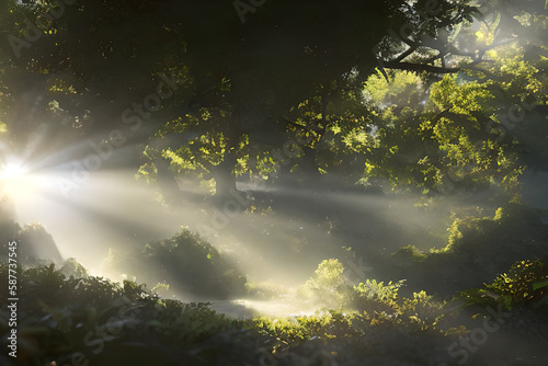 Fantasy fairytale enchanted magical forest in the morning light through the branch. generative AI