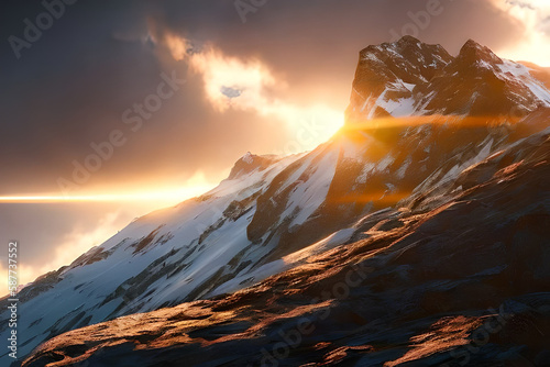 Landscape of a sunset with cloudy sky and the mountain background. generative AI