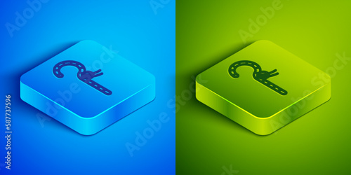Isometric line Crook icon isolated on blue and green background. Ancient Egypt symbol. Scepters of egypt. Square button. Vector