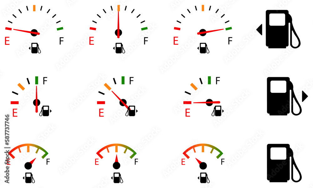 Fuel gauge icons collection elements set of colored and dark fuel