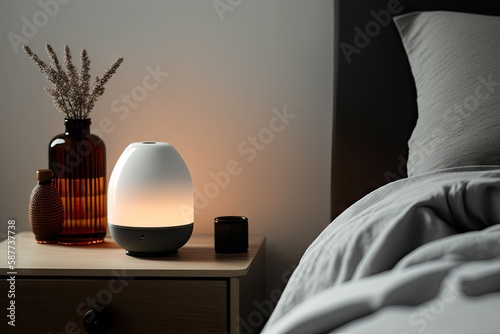 Aroma oil diffuser on table against in minimalist bedroom. ai generative photo